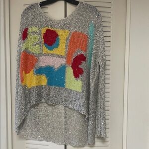 Source Unknown Gray Knit Crewneck Sweater with Multicolor Graphic